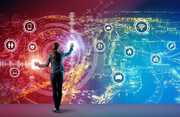 Aufkleber - young business person and graphical user interface concept, Internet of Things, Information Communication Technology, Smart City, digital transformation, abstract image visual