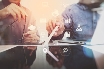 Poster - co working team meeting concept,businessman using smart phone and laptop and digital tablet computer in modern office with virtual interface icons network diagram