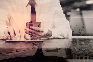 Poster - lawer working with smart phone and digital tablet computer in modern office