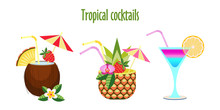 Set Of Tropical Cocktails. Vector Illustration. Isolated On A White Background.