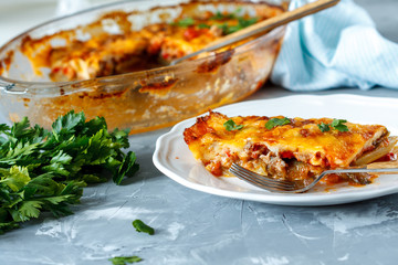 Wall Mural - Greek style moussaka with eggplants, ground beef and potatoes.