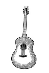 Acoustic guitar. Vintage vector black engraving illustration