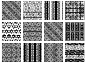 Wall Mural - Set of seamless vector geometric black and white patterns with ornamental elements,endless background with ethnic motifs. Graphic vector illustration. Series- sets of vector seamless patterns.