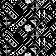 Wall Mural - Seamless vector pattern. Black and white geometrical background with hand drawn decorative tribal elements. Print with ethnic, folk, traditional motifs. Graphic vector illustration.