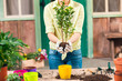 cropped view of woman transplanting plant in new flowerpot on porch