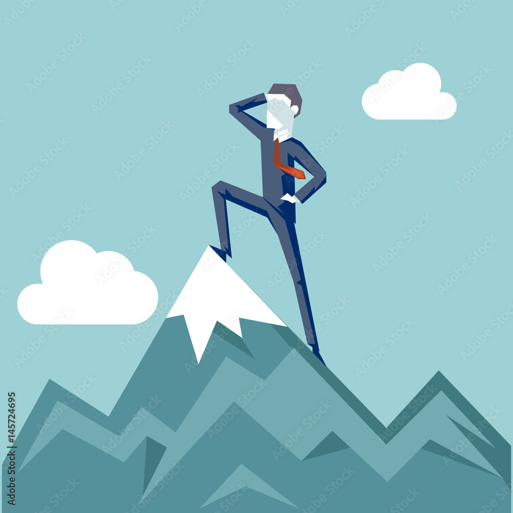 Top Point Image Businessman Character Achievement Top Point Goal Symbol Mountain clouds ...