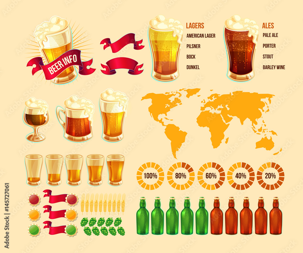 Set of vector illustrations, beer infographic elements, icons - types ...