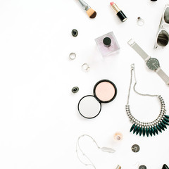 Beauty blog concept. Female make up accessories: watches, necklace, lipstick, shoes, sunglasses on white background. Flat lay, top view trendy fashion feminine background.