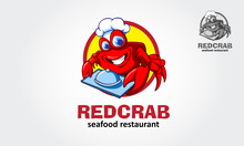 Red Crab Seafood Restaurant Vector Logo Illustration. Cartoon Character Red Crab Chef.