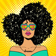 © irina_levitskaya - Wow pop art face. Sexy woman with black afro curly hair and open mouth and sunglasses in form of heart with inscription summer in reflection. Vector colorful background in pop art retro comic style.