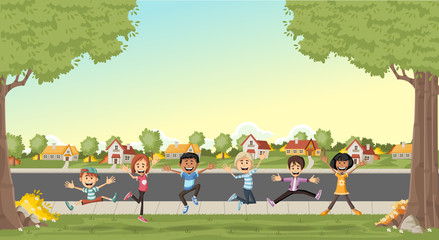 Canvas Print - Colorful houses in suburb neighborhood with cute cartoon kids jumping.
