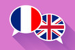 Two white speech bubbles with France and Great britain flags