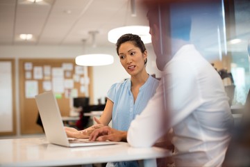 Wall Mural - Businesswoman discussing with male colleague in office