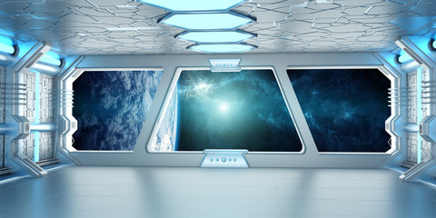 Aufkleber - Spaceship interior with view on the planet Earth 3D rendering elements of this image furnished by NASA