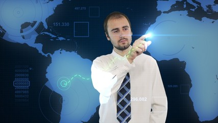 Wall Mural - businessman touching digital data on hologram screen with his finger