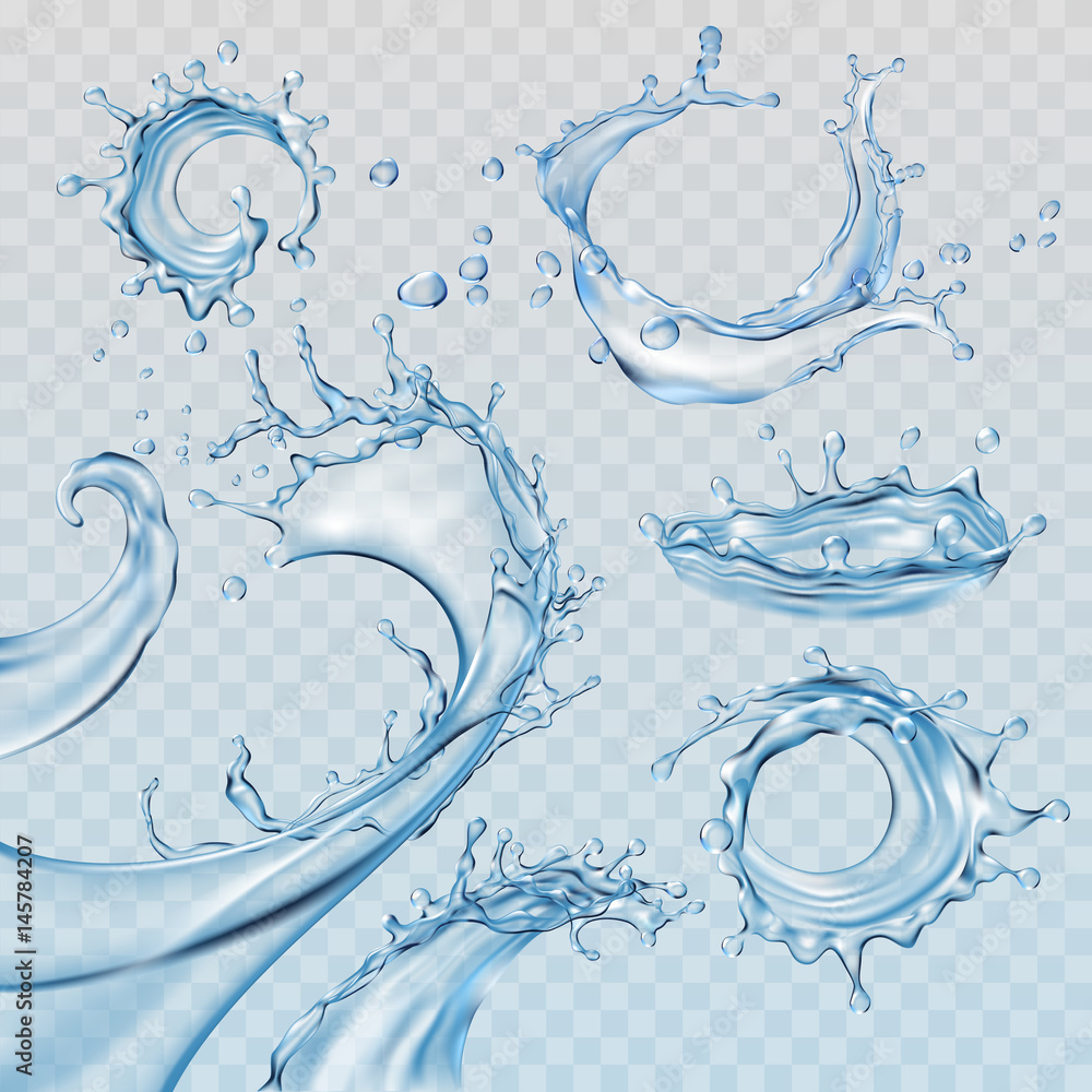 Set vector illustrations water splashes and flows, streams of various shapes. Design elements - obrazy, fototapety, plakaty 