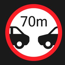Minimum Distance 70m Flat Icon, Traffic And Road Sign, Vector Graphics, A Solid Pattern On A Black Background, Eps 10.