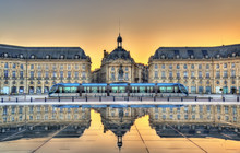 Place De La Bourse Reflecting From The Water Mirror In Bordeaux, France