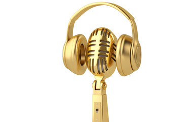 Golden old style microphone with headphone.3D illustration.