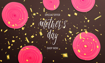 Wall Mural - Mother's Day sale background layout. Banner with calligraphy lettering, gold confetti and rose flowers.