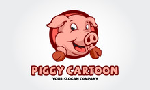 Piggy Logo Cartoon Character. Happy Smiling Little Baby Cartoon Pig In Round Frame. Vector Logo Illustration