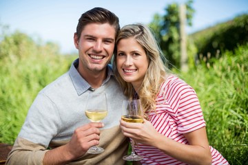 Wall Mural - Smiling young couple embracing while holding wineglasses