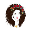 Portrait of young beautiful woman with red roses in hair . Vector hand drawn illustration.