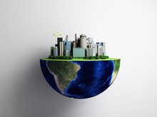 Urbanization Concept With Globe And City On Abstract Green Background 3D Rendering