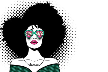 Wow pop art face. Sexy woman with black afro curly hair and open mouth and sunglasses in form of heart with inscription summer in reflection. Vector background in pop art retro comic dots style.