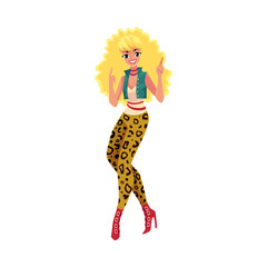 Woman, girl in 1980s style clothes, leopard leggings and high heels, dancing disco, cartoon vector illustration isolated on white background. Woman in 80s style clothing dancing at retro disco party