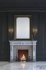 Wall Mural - Fireplace on the background of a classic interior in dark colors. 3d rendering.