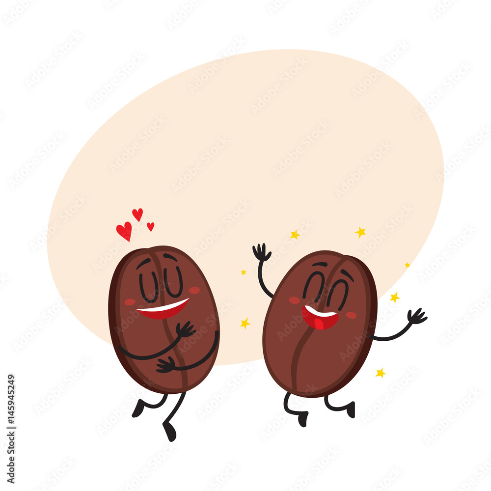 Two funny coffee bean characters, one showing love, another hands up ...