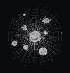 Wall Mural - solar system in dotwork style. planets in orbit. vintage hand drawn illustration.
