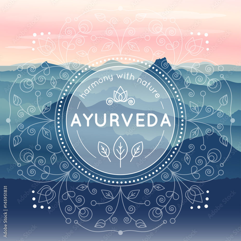 Vector Ayurveda illustration with morning mountain landscape, ethnic patterns and sample text for use as a template of banner, backdrop or poster for ayurveda medicine center or product. - obrazy, fototapety, plakaty 