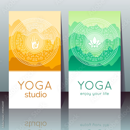 Vector Yoga Cards With Mudra Lotus Mountain Landscape Ethnic