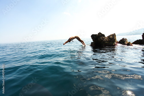 Naked Young Man Jumping For Joy From See Water Stock Photo 