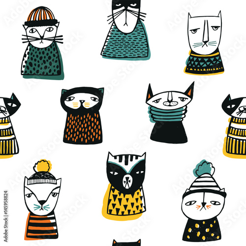 Stoffe zum Nähen Wzór z kreskówka śmieszne kagańce koty. Kitty doodle wyciągnąć rękę na białym tle.