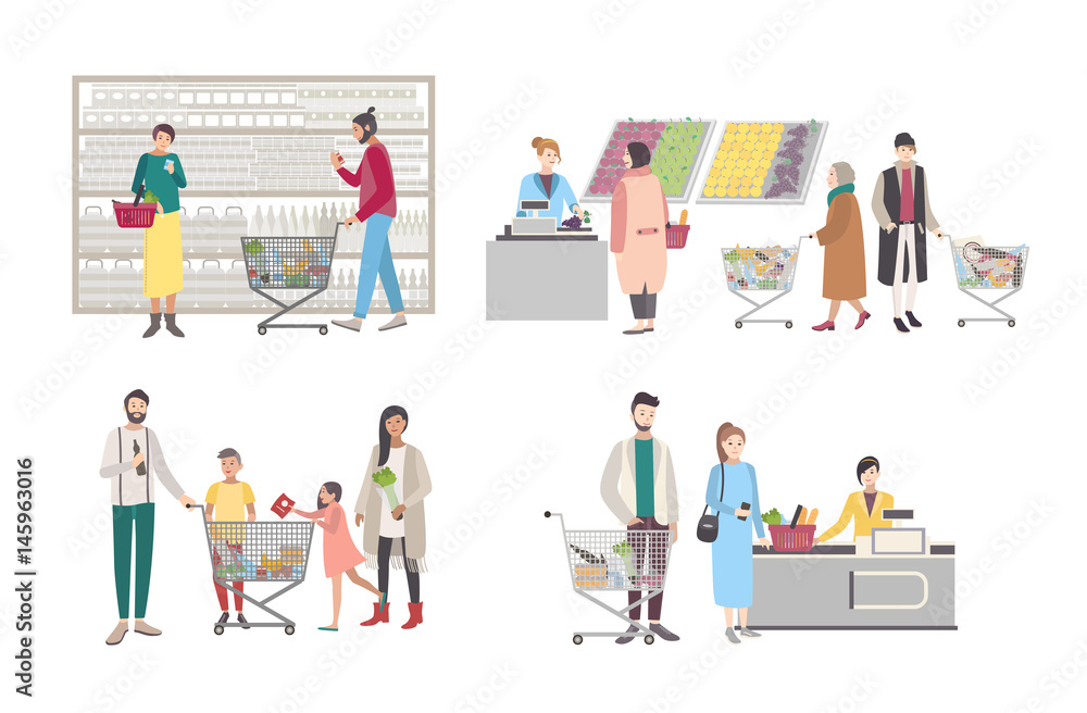 Concept for supermarket or shop. Set with buyers characters at the cash register, near the racks, weighed goods, people with shopping cart. Collection vector illustration. - obrazy, fototapety, plakaty 