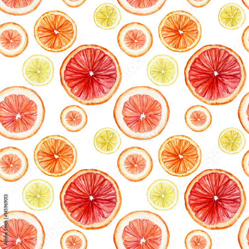 Fototapeta na wymiar Watercolor seamless pattern with citrus fruit slices: lemon, lime, orange, grapefruit. Summer repeating background isolated on white