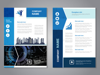 Wall Mural - Vector modern brochure with arrow design, abstract flyer with technology background and with city scene. Layout template. Aspect Ratio for A4 size. Poster of blue and white color. Magazine cover.