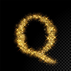 Wall Mural - Gold glittering letter Q on black background