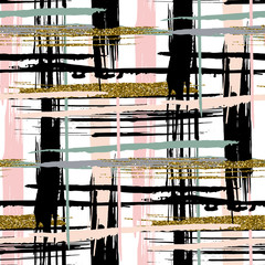 Wall Mural - Vector seamless pattern with gold glitter textured brush strokes and stripes