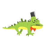 Fototapeta Dinusie - Cite cartoon chameleon wearing black top hat. Colorful character vector Illustration