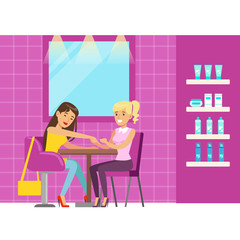 Poster - Woman getting a hand massage in beauty salon. Colorful cartoon character vector