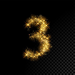 Aufkleber - Gold glittering number Three 3 on black background