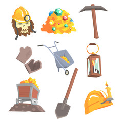 Gold mining, set for label design. Mining equipment, wild west. Colorful cartoon detailed vector Illustrations