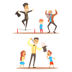 Sticker - Rope walker and magician performing before happy people. Circus or street actors set of colorful cartoon detailed vector Illustrations