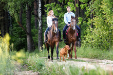 Young Happy Couple Enjoying Horse Ride In A Summer Forest. 