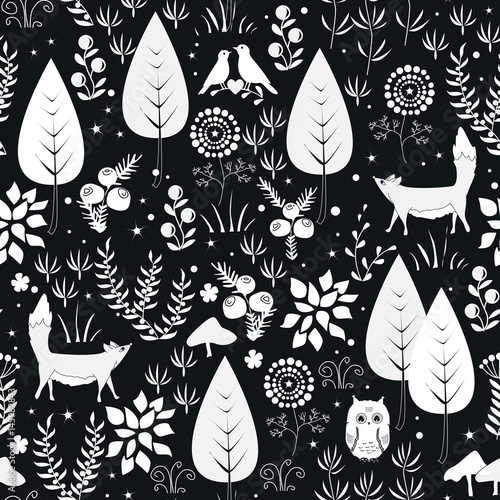 Stoffe zum Nähen Niedliche Vektor Musterdesign mit Wald Pflanzen, Vögel und Füchse Silhouetten. Weißen und schwarzen Hintergrund