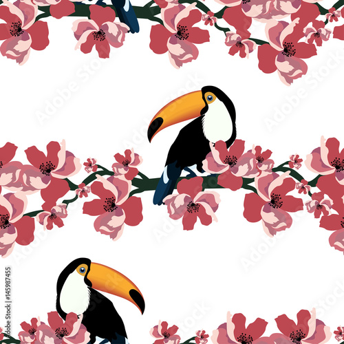 Naklejka na drzwi Tropical seamless pattern with colorful toucan and flower.Vector summer background.Textile texture